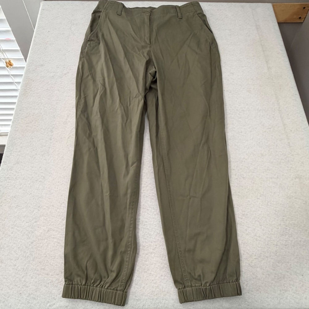 Talbots Jogger Pants Womens Medium Olive Green Cotton Tencel Stretch Elastic Leg